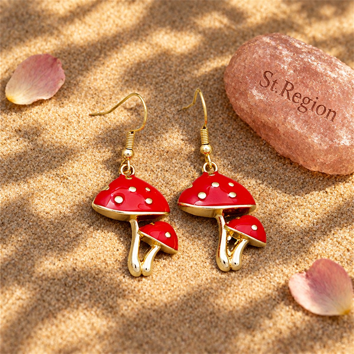 Red Enamel and 18K Gold-Plated Mushroom Drop Earrings, gold drop earrings for women, botanical inspired, detail close-up