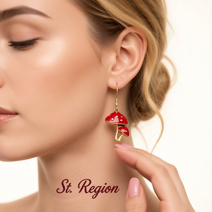 Red Enamel and 18K Gold-Plated Mushroom Drop Earrings, gold drop earrings for women, botanical inspired, styled look