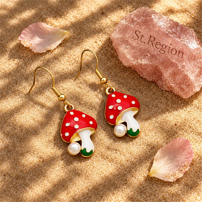 Red Enamel and Pearl 18K Gold-Plated Mushroom Drop Earrings, gold drop earrings for women, detail close-up