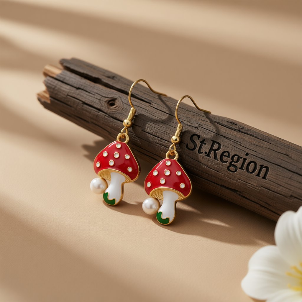 Red Enamel and Pearl 18K Gold-Plated Mushroom Drop Earrings, gold drop earrings for women, botanical inspired, front view