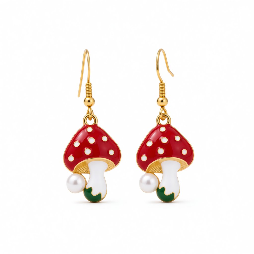 Red Enamel and Pearl 18K Gold-Plated Mushroom Drop Earrings, gold drop earrings for women, botanical inspired, side view