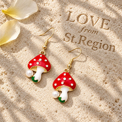 Red Enamel and Pearl 18K Gold-Plated Mushroom Drop Earrings, gold drop earrings for women, botanical inspired, lifestyle look
