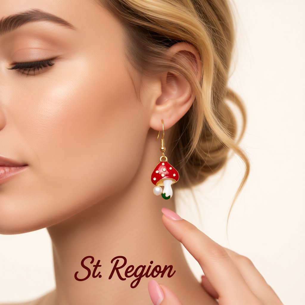 Red Enamel and Pearl 18K Gold-Plated Mushroom Drop Earrings, gold drop earrings for women, botanical inspired, styled look