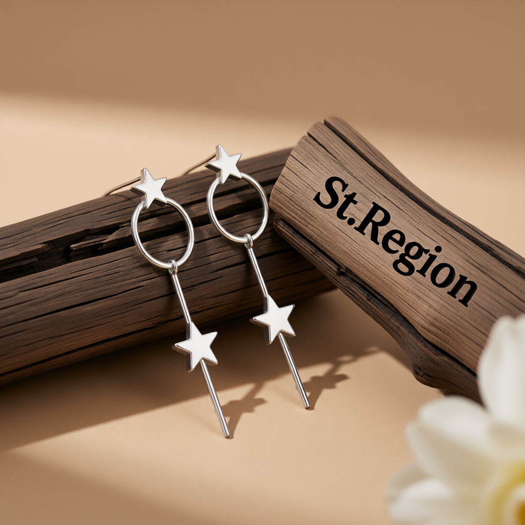 Silver-Plated Star Magic Wand Drop Earrings, silver drop earrings for women, everyday style, front view