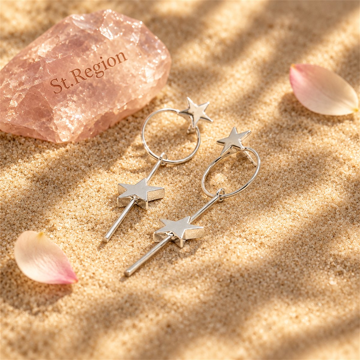 Silver-Plated Star Magic Wand Drop Earrings, silver drop earrings for women, everyday style, detail close-up