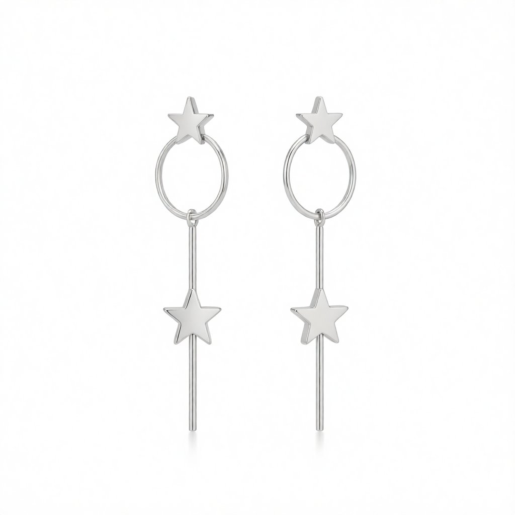 Silver-Plated Star Magic Wand Drop Earrings, silver drop earrings for women, everyday style, side view