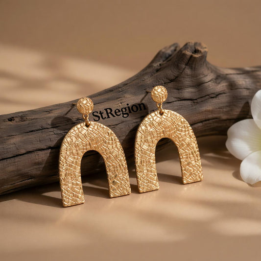18K Gold-Plated Pebbled Arc Drop Earrings, gold drop earrings for women, elegant gift for her, front view