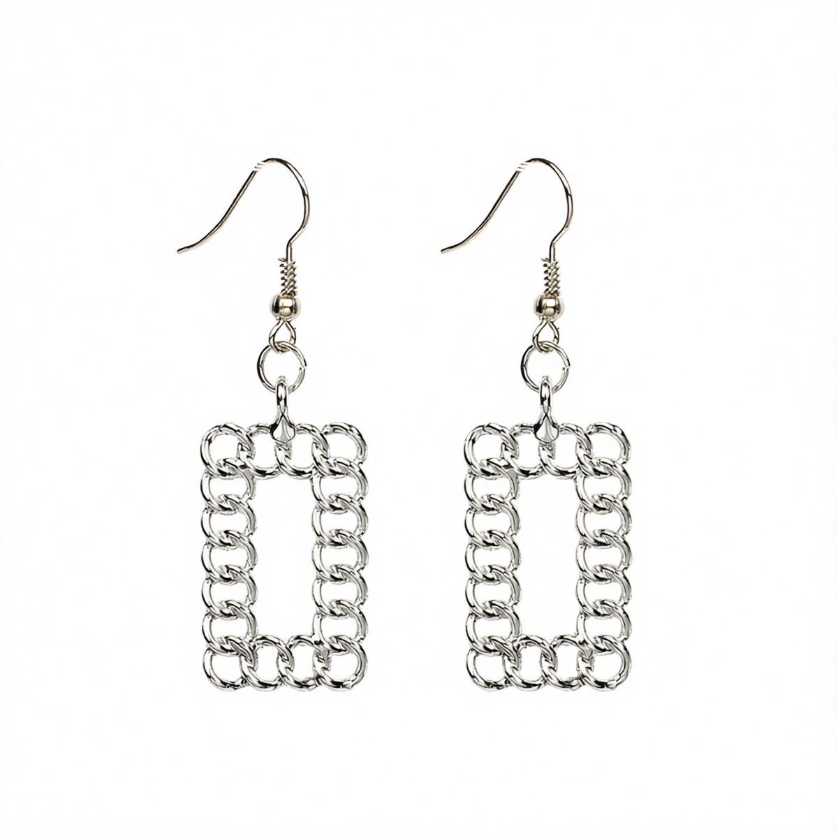 Silver-Plated Open Figaro Rectangle Drop Earrings