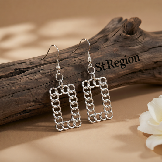Silver-Plated Open Figaro Rectangle Drop Earrings