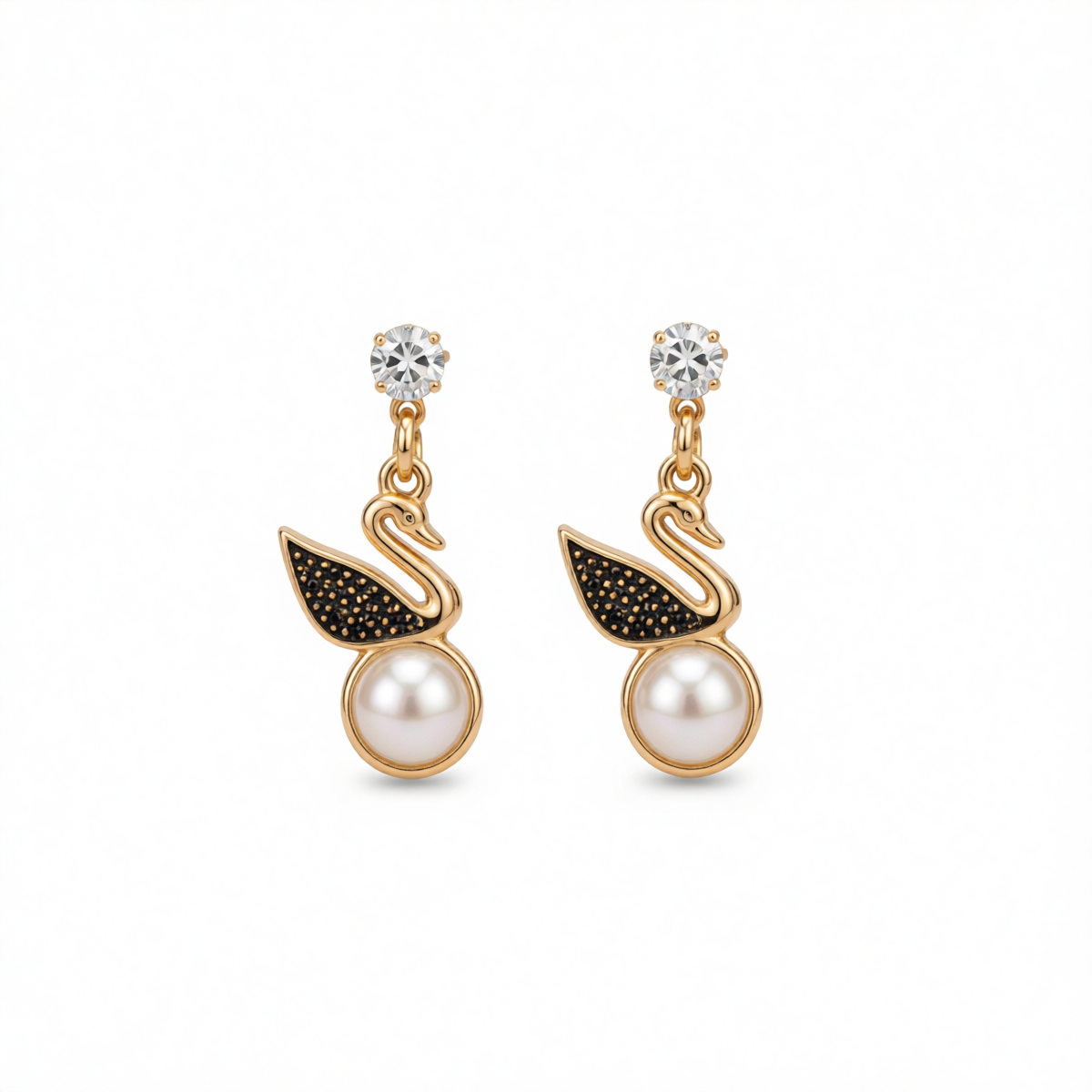 Cubic Zirconia & Pearl 18K Gold-Plated Swan Drop Earring