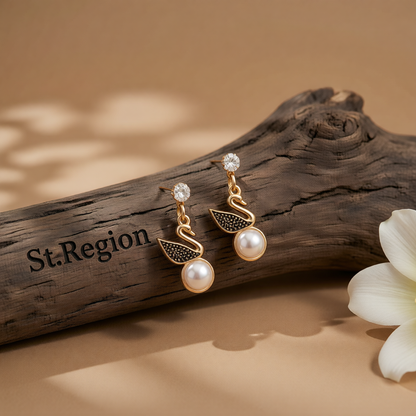 Cubic Zirconia & Pearl 18K Gold-Plated Swan Drop Earring
