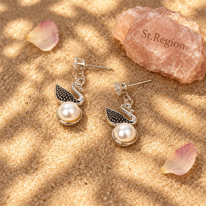Cubic Zirconia and Pearl Silver-Plated Swan Drop Earring, silver drop earrings for women, detail close-up