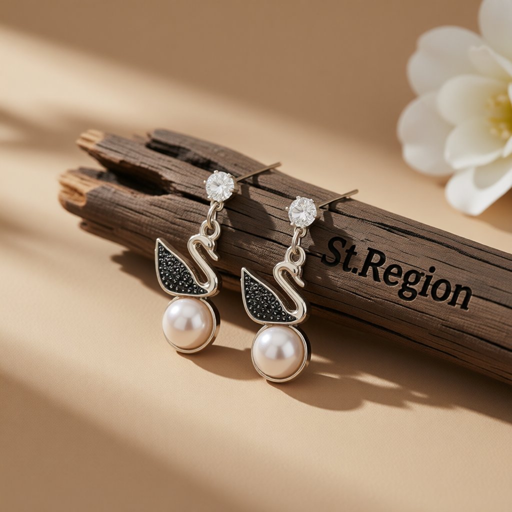 Cubic Zirconia and Pearl Silver-Plated Swan Drop Earring, silver drop earrings for women, elegant gift for her, front view