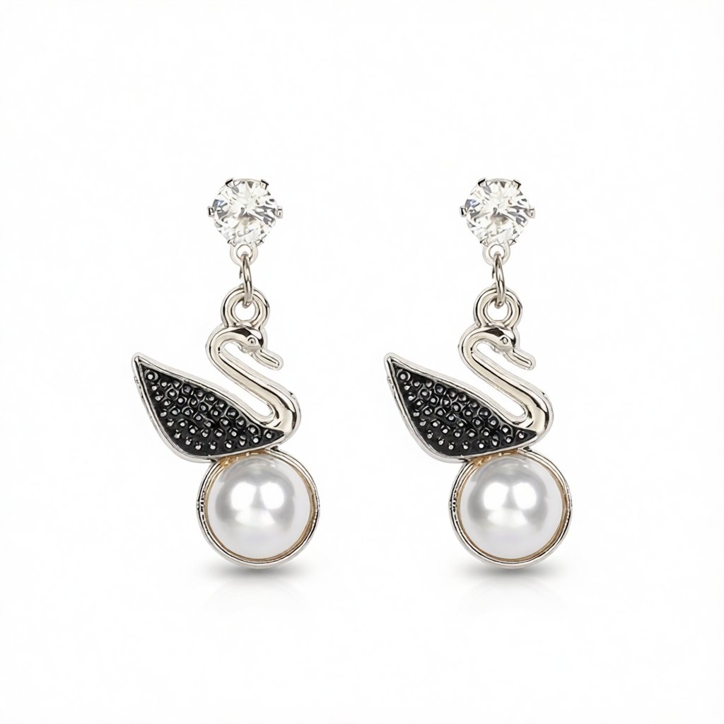 Cubic Zirconia and Pearl Silver-Plated Swan Drop Earring, silver drop earrings for women, elegant gift for her, side view