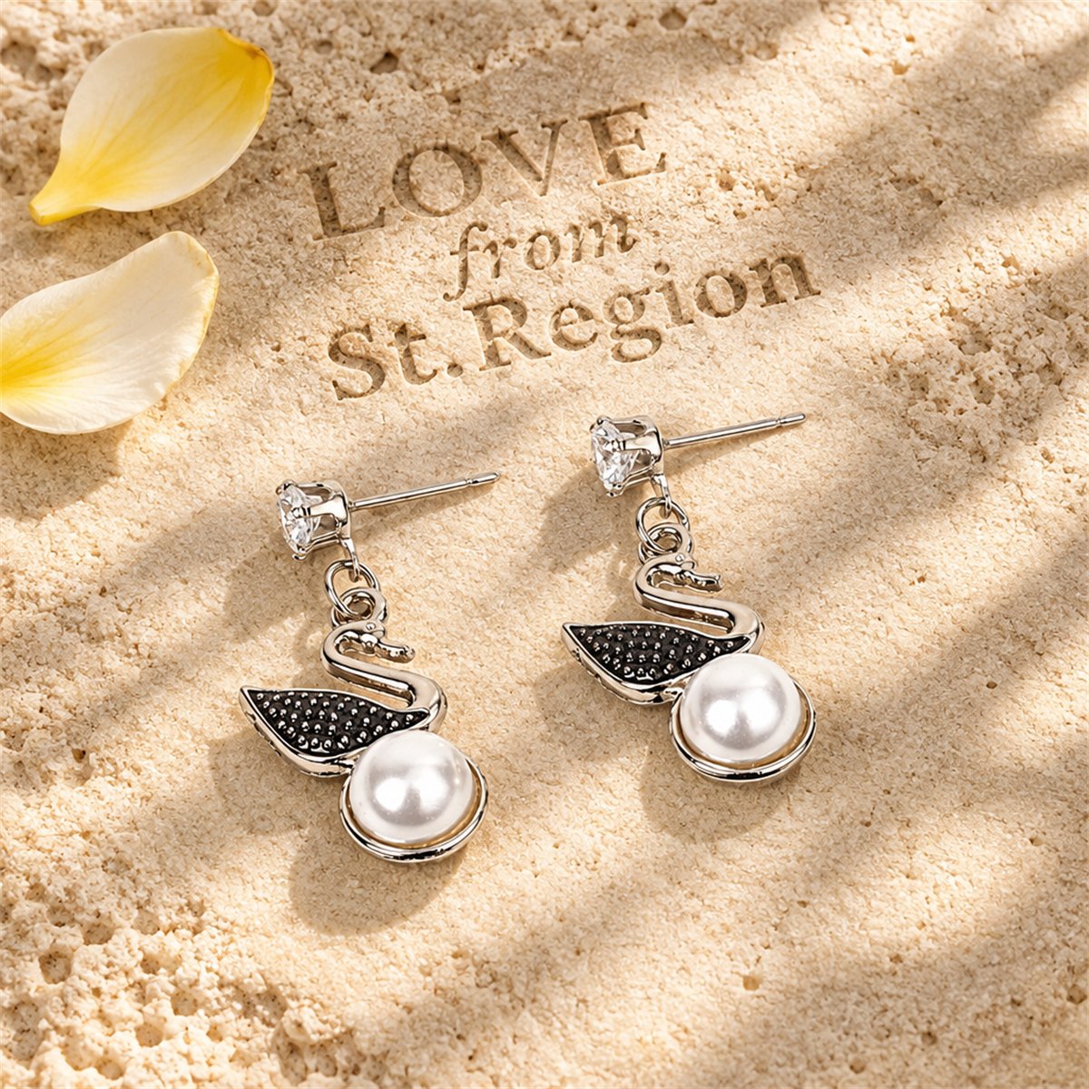 Cubic Zirconia and Pearl Silver-Plated Swan Drop Earring, silver drop earrings for women, lifestyle look