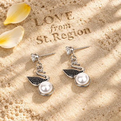 Cubic Zirconia and Pearl Silver-Plated Swan Drop Earring, silver drop earrings for women, lifestyle look