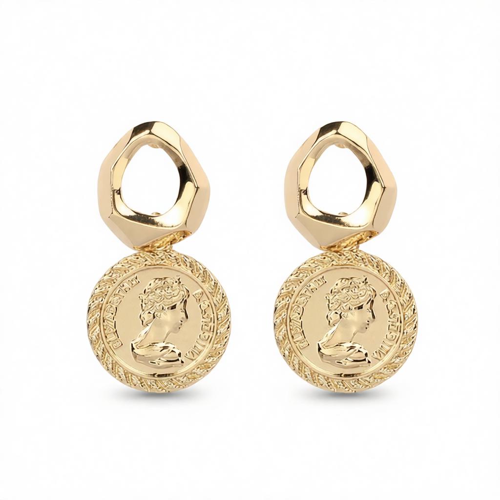 18K Gold-Plated Coin Repoussé Drop Earrings, gold drop earrings for women, vintage-inspired design, side view