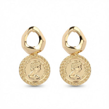 18K Gold-Plated Coin Repoussé Drop Earrings, gold drop earrings for women, vintage-inspired design, side view