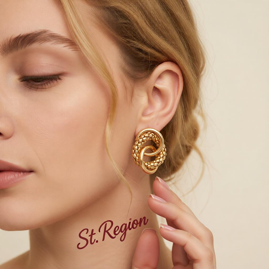 18K Gold-Plated Crossing Ring Stud Earrings, gold drop earrings for women, dainty minimalist design, styled look