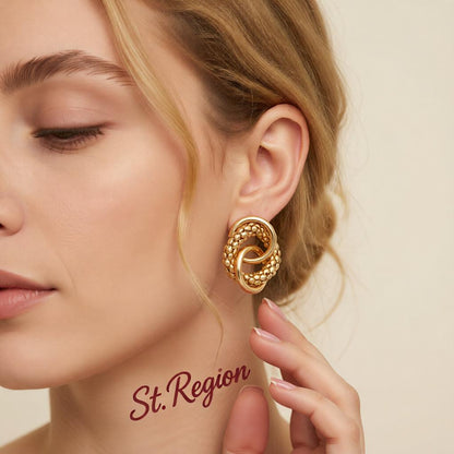 18K Gold-Plated Crossing Ring Stud Earrings, gold drop earrings for women, dainty minimalist design, styled look