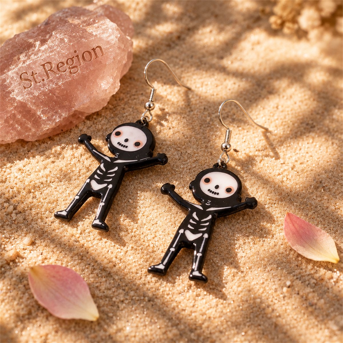 Black Acrylic and Silver-Plated Skeleton Drop Earrings, silver drop earrings for women, detail close-up