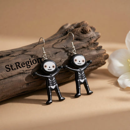 Black Acrylic and Silver-Plated Skeleton Drop Earrings, silver drop earrings for women, vintage-inspired design, front view
