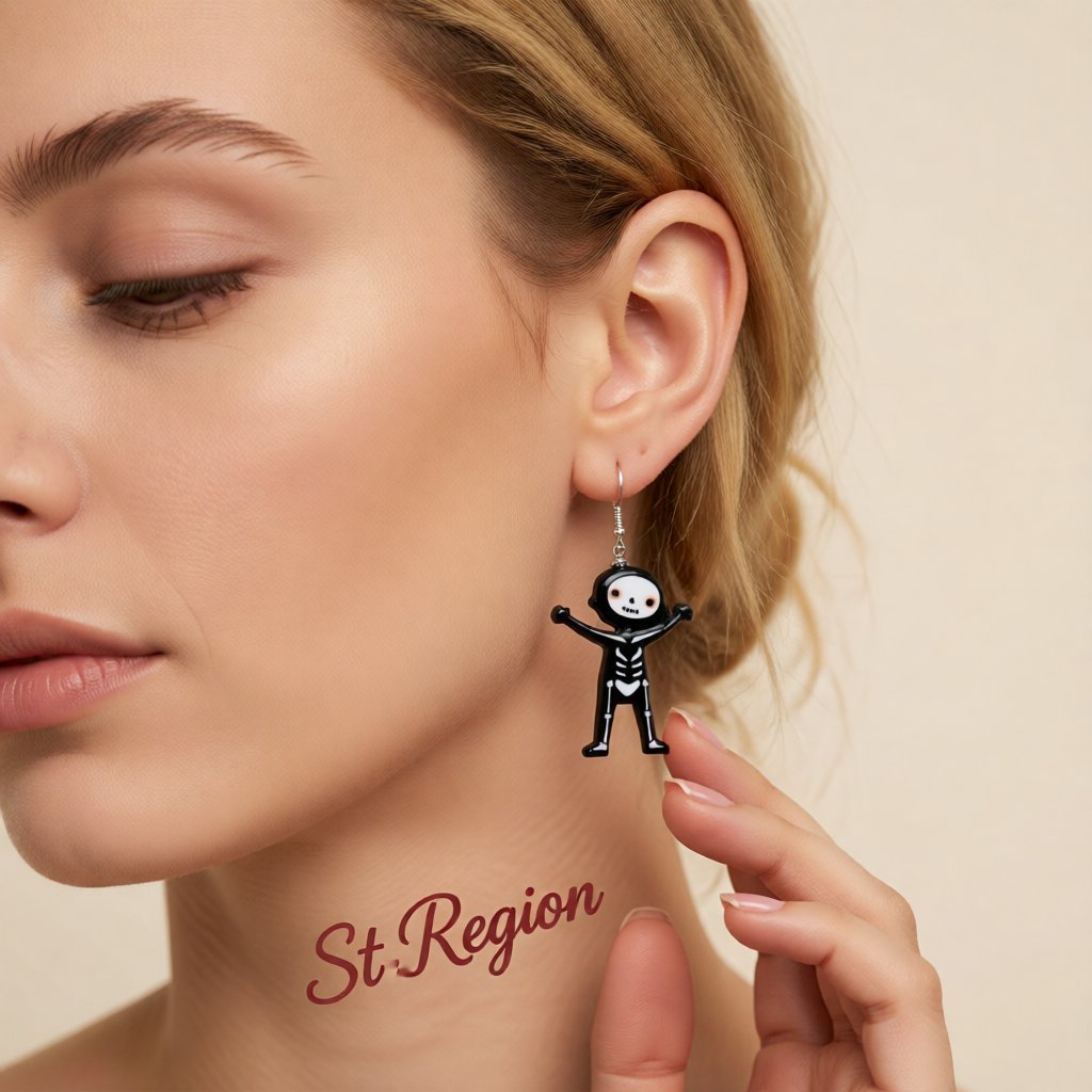 Black Acrylic and Silver-Plated Skeleton Drop Earrings, silver drop earrings for women, vintage-inspired design, styled look