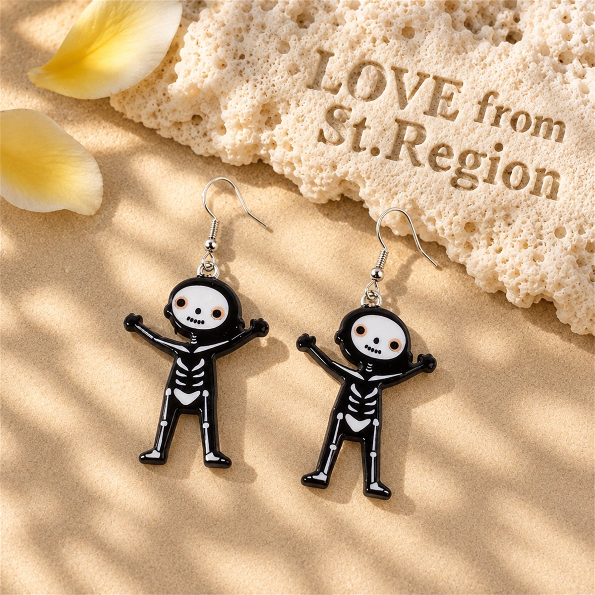 Black Acrylic and Silver-Plated Skeleton Drop Earrings, silver drop earrings for women, lifestyle look