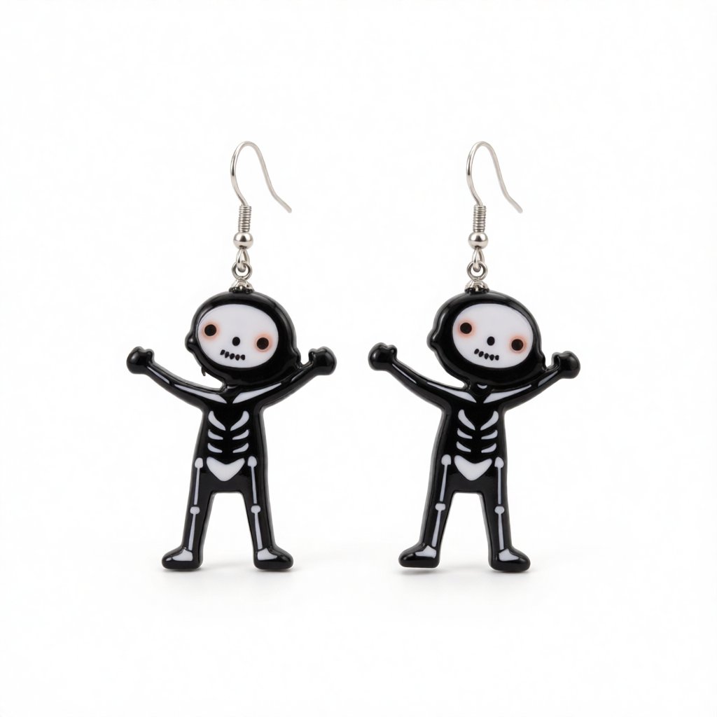 Black Acrylic and Silver-Plated Skeleton Drop Earrings, silver drop earrings for women, vintage-inspired design, side view