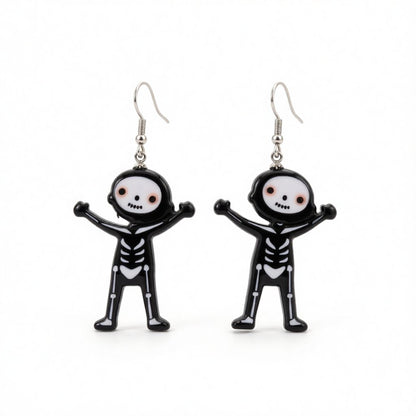 Black Acrylic and Silver-Plated Skeleton Drop Earrings, silver drop earrings for women, vintage-inspired design, side view