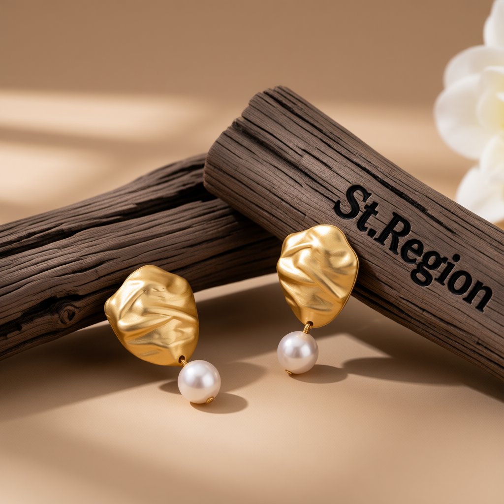Pearl and 18K Gold-Plated Wrinkle Drop Earrings, gold drop earrings for women, elegant gift for her, front view