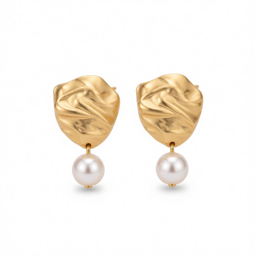 Pearl and 18K Gold-Plated Wrinkle Drop Earrings, gold drop earrings for women, elegant gift for her, side view