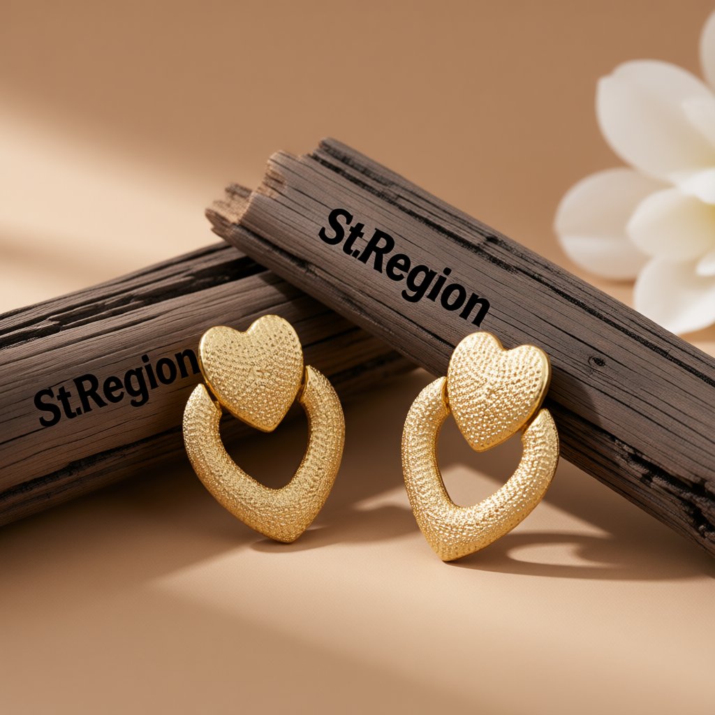 18K Gold-Plated Studded Open Heart Drop Earrings, gold drop earrings for women, vintage-inspired design, front view