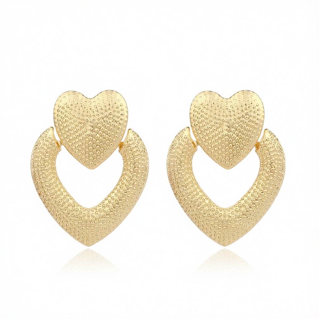 18K Gold-Plated Studded Open Heart Drop Earrings, gold drop earrings for women, vintage-inspired design, side view