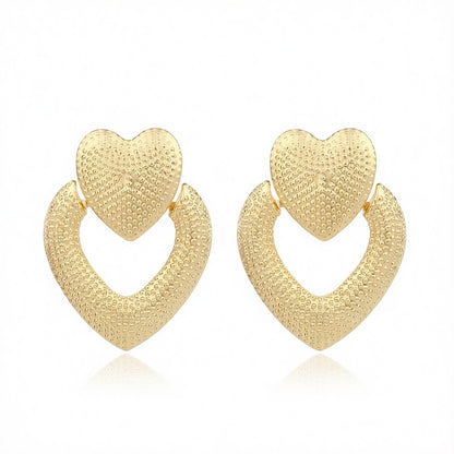 18K Gold-Plated Studded Open Heart Drop Earrings, gold drop earrings for women, vintage-inspired design, side view