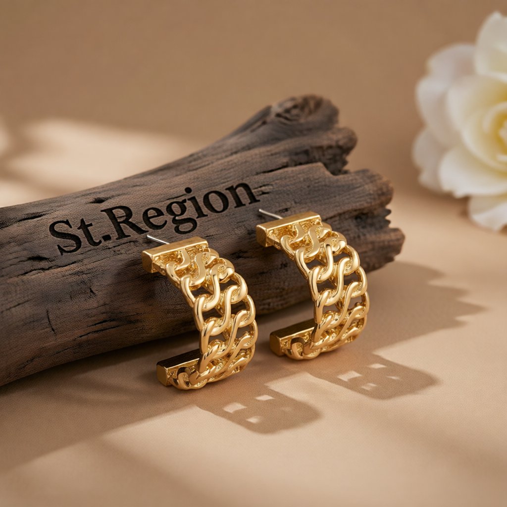 18K Gold-Plated Weaving Huggie Earrings, gold huggie earrings, elegant gift for her, front view