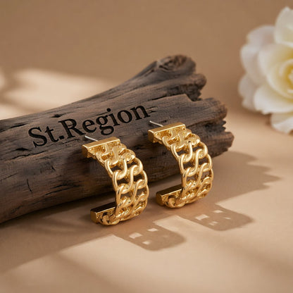 18K Gold-Plated Weaving Huggie Earrings, gold huggie earrings, elegant gift for her, front view