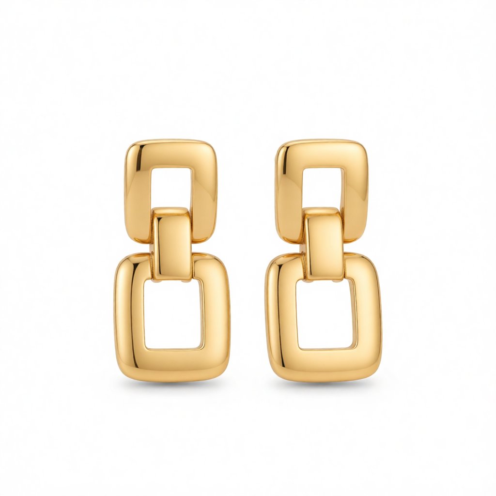 18K Gold-Plated Open Square Drop Earrings, gold drop earrings for women, everyday style, side view