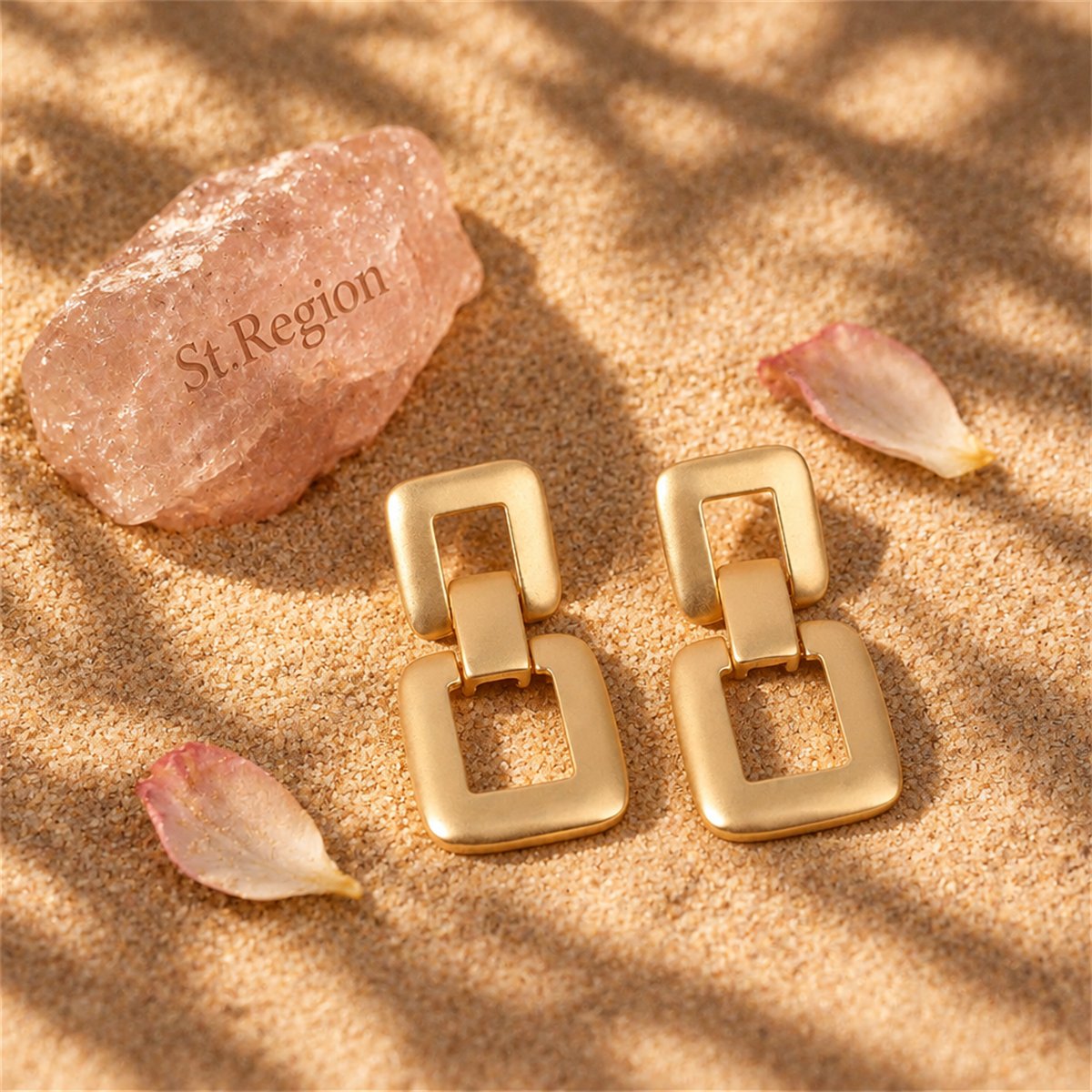 18K Gold-Plated Open Square Drop Earrings, gold drop earrings for women, everyday style, detail close-up