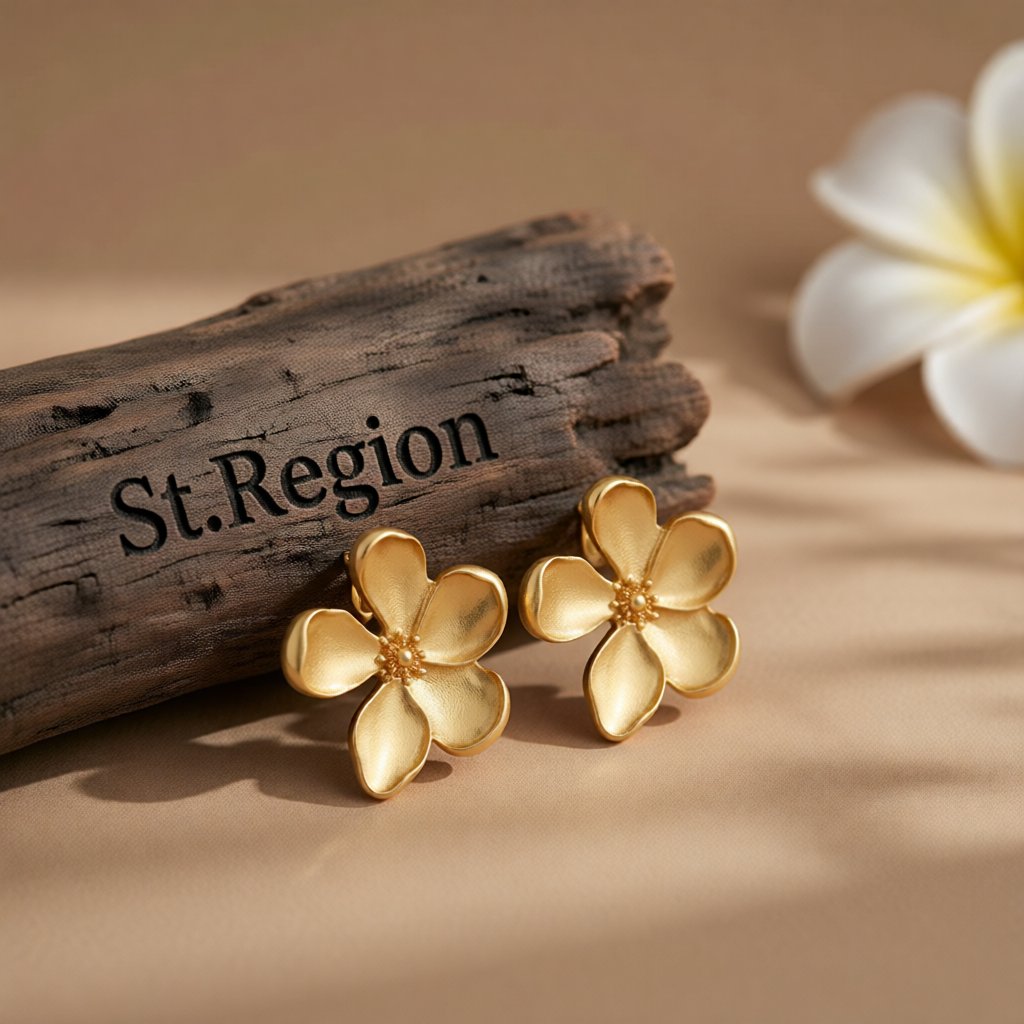 18K Gold-Plated Flower Stud Earrings, gold stud earrings for women, vintage-inspired design, front view