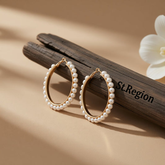 Pearl and 18K Gold-Plated Hoop Earrings, gold hoop earrings for women, vintage-inspired design, front view
