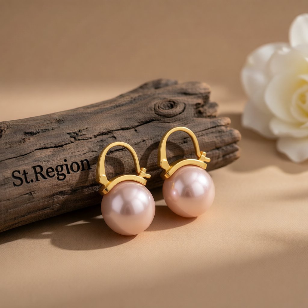 Champagne Pearl and 18K Gold-Plated Huggie Earrings, gold huggie earrings, vintage-inspired design, front view