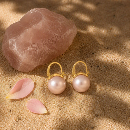 Champagne Pearl and 18K Gold-Plated Huggie Earrings, gold huggie earrings, vintage-inspired design, detail close-up