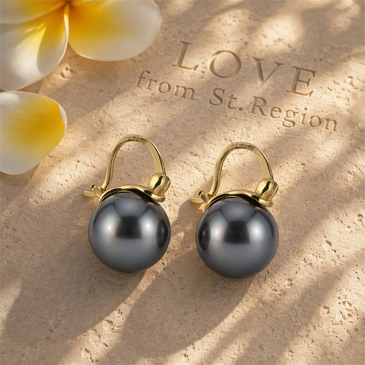 Gray Pearl and 18K Gold-Plated Huggie Earrings, gold huggie earrings, botanical inspired, lifestyle look
