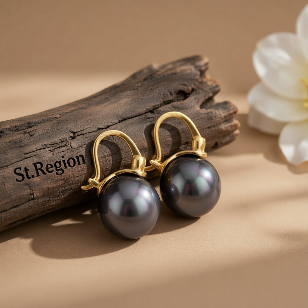 Gray Pearl and 18K Gold-Plated Huggie Earrings, gold huggie earrings, botanical inspired, front view