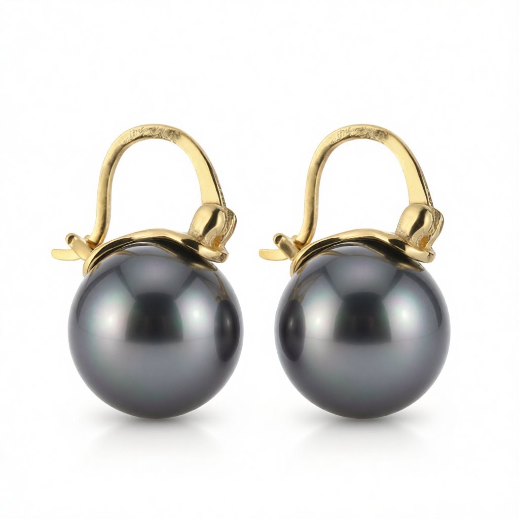 Gray Pearl and 18K Gold-Plated Huggie Earrings, gold huggie earrings, botanical inspired, side view