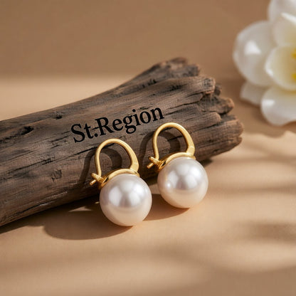 Pearl and 18K Gold-Plated Huggie Earrings, gold huggie earrings, elegant gift for her, front view