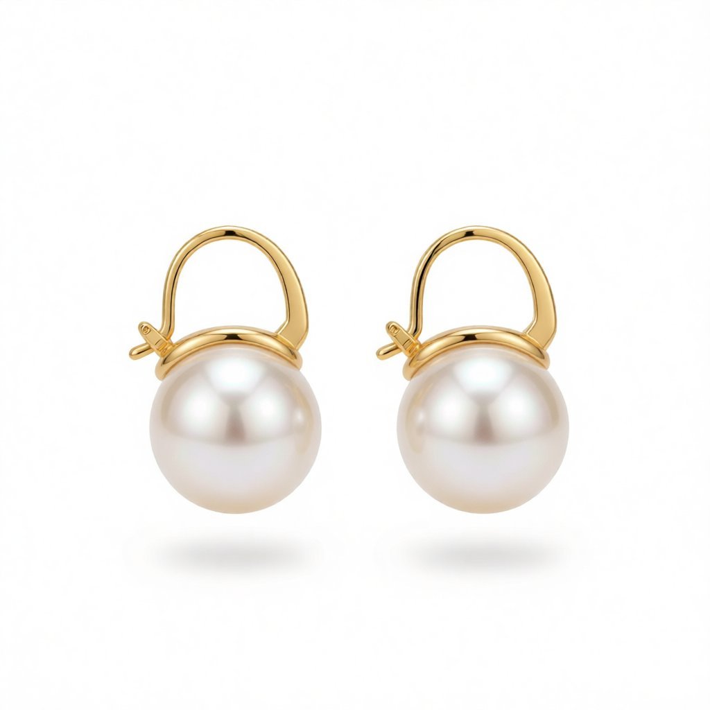 Pearl and 18K Gold-Plated Huggie Earrings, gold huggie earrings, elegant gift for her, side view