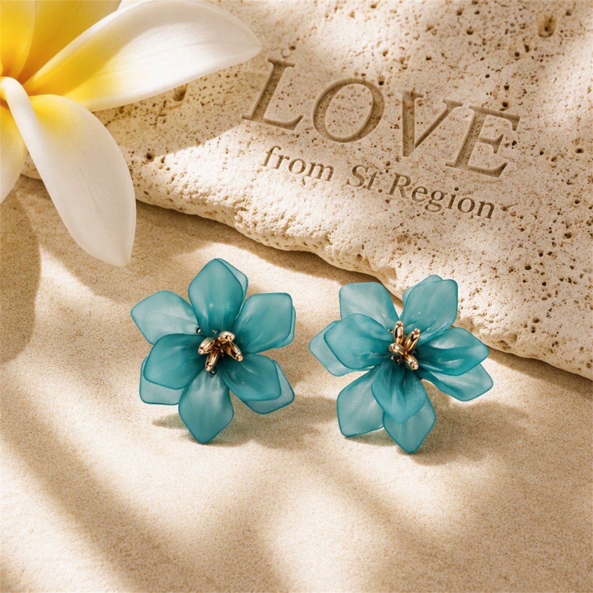 Blue Acrylic and 18K Gold-Plated Floral Stud Earrings, gold stud earrings for women, vintage-inspired design, lifestyle look
