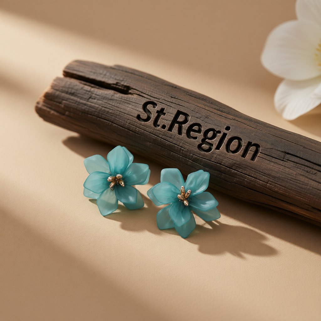 Blue Acrylic and 18K Gold-Plated Floral Stud Earrings, gold stud earrings for women, vintage-inspired design, front view